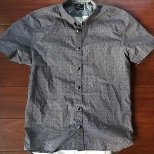 Vustra Short Sleeve Button Down in Dark Blue with Leaves Print